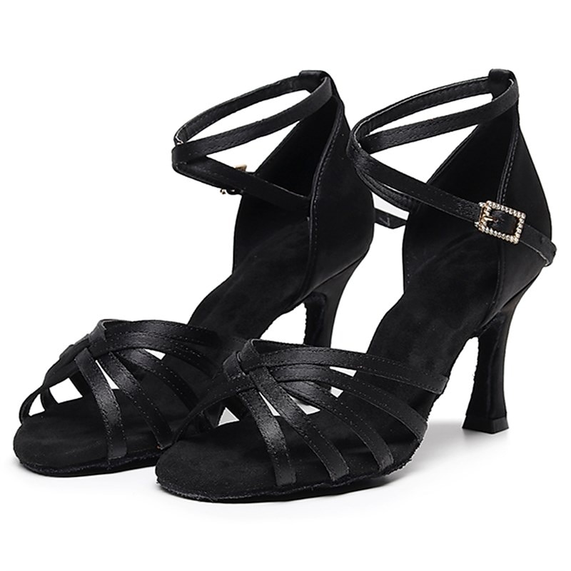 Women's Black Strappy Latin Dance Shoes – Suede Sole Ballroom Heels with Ankle Strap for Salsa, Tango, and Performance Events2