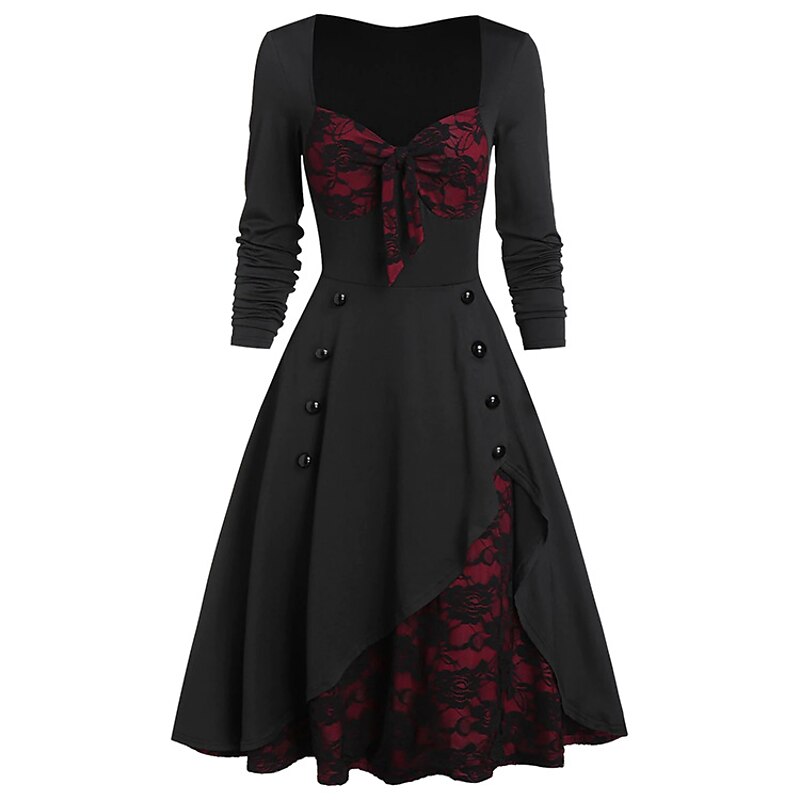 Plus Size 1950s Vintage Inspired Cocktail Dress Fall Spring Dress Flare Dress Women's Adults' Costume Vintage Cosplay Party / Evening Masquerade Cocktail Party Long Sleeve Deep U A-Line2