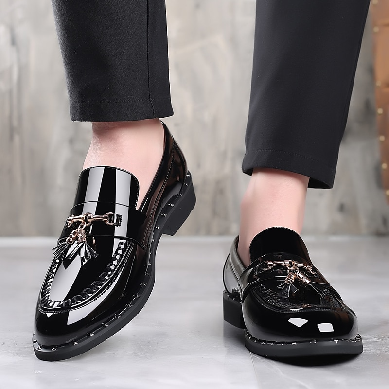 Men's Black Patent Leather Loafers with Tassel Details - Stylish Formal Dress Shoes for Office and Events