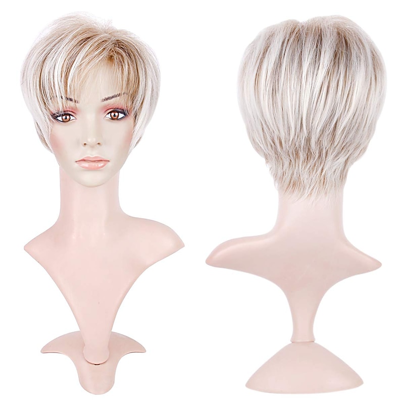 Short Pixie Cut Layered Wig with Bangs Synthetic Dark Roots Fluffy Full Replacement Hair for White Women Ash Blonde Lowlight with Root2