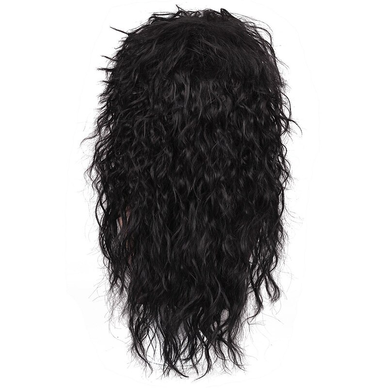 Mullet Wig Synthetic Wig Curly Neat Bang Wig Medium Length Black Synthetic Hair Men's Cosplay Party Fashion Black (Only Wig Without Glasses)2