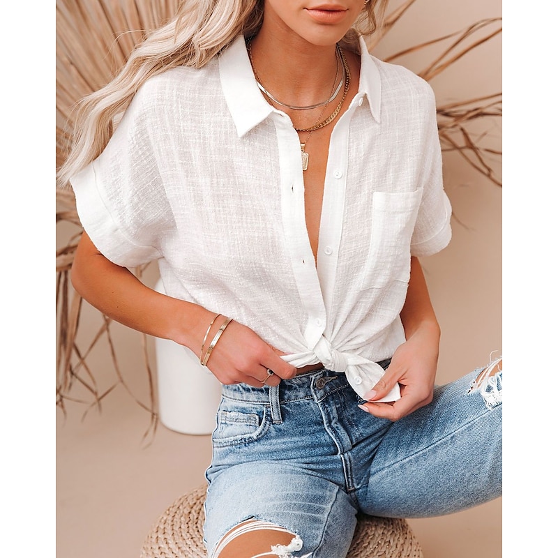 Women's Shirt Button Up Cotton Linen Shirt Blouse Plain Daily Basic Casual Short Sleeve Shirt Collar Regular Tops Work Casual Daily Patchwork White Pink Red Blue Purple - Main Image