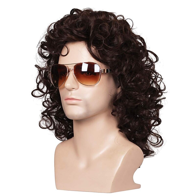 70s 80s costume wig rock wig Synthetic Wig Curly Layered Haircut Wig Short Brown Synthetic Hair Men's Cosplay Party Fashion Brown (Only Wig Without Glasses)4