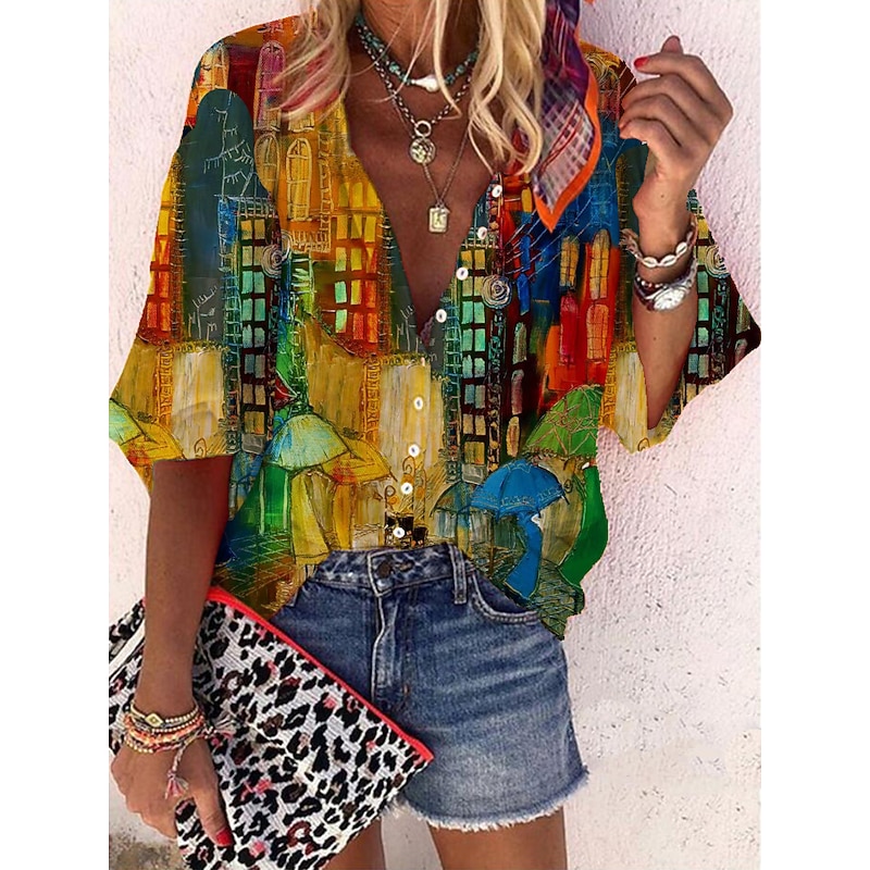 Women's Plus Size Shirt Blouse Graphic City Scenery Vintage Ethnic Chinoiserie Long Sleeve Puff Sleeve Standing Collar Long Tops Casual Daily Print Black Yellow Wine Red Blue Spring Fall