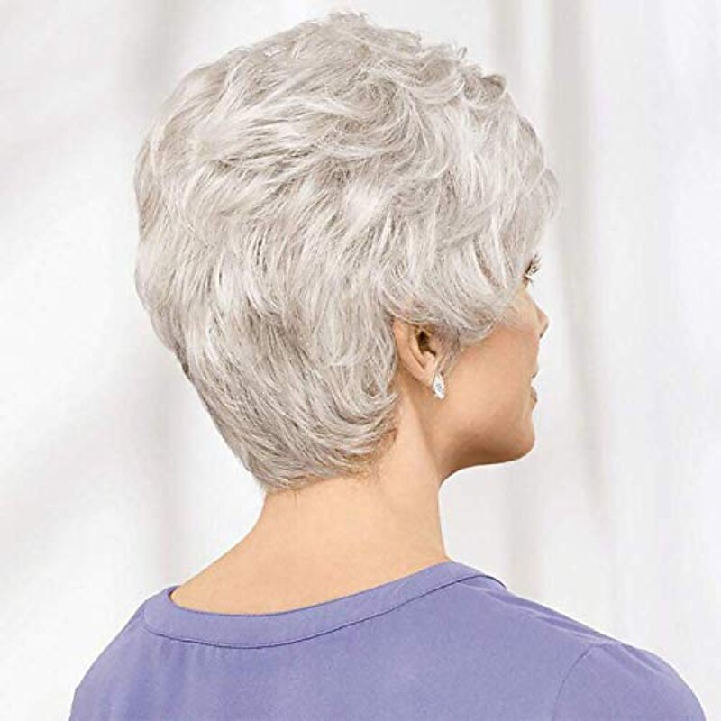 Gray Wigs for Women Short Wigs for Women Natural Looking Old Lady Wig for Mom Short Curly Gray Wig with Bangs for Heat Resistant Synthetic Fiber Hair Wigs for Old Middle Age Women Halloween Wigs4