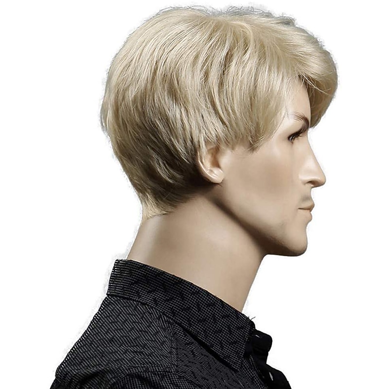Short Blonde Male Synthetic Wigs American European 6 Inch Straight Men Wig with Free Hair Cap Heat Resistant Toupee Hair Halloween Wigs2