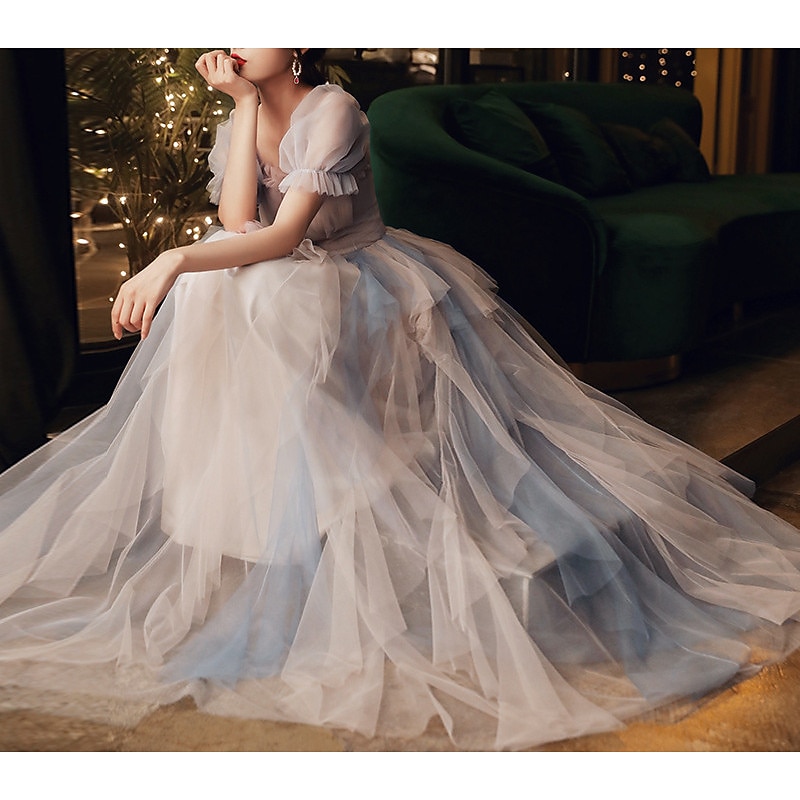 A-Line Prom Dresses Color Block Dress Wedding Party Dress Birthday Floor Length Half Sleeve Scoop Neck Tulle with Pleats Ruffles  Masquerade Dress to impress3