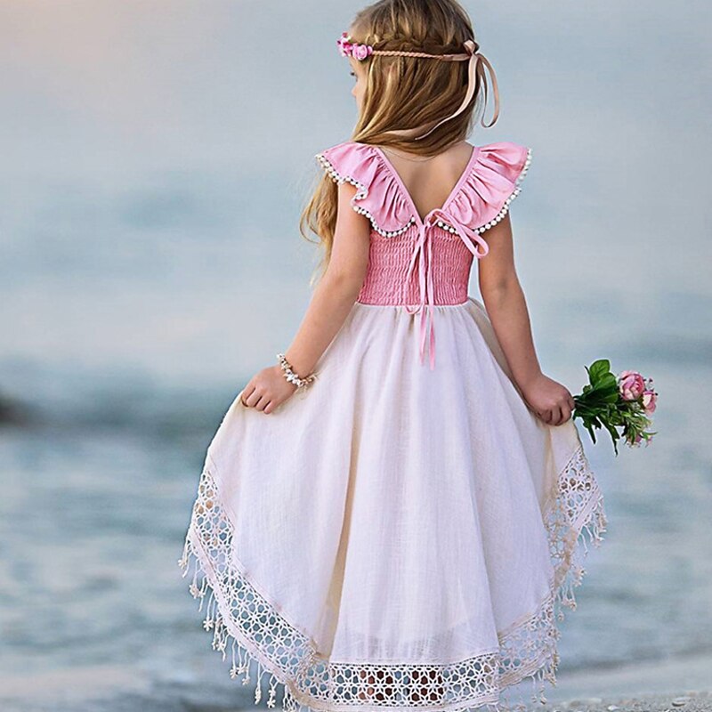 Flower Girl Dress Girls' Dress Party Dress Wedding Party Holiday Vacation Cute Boho Short Sleeve Square Collar Pink2