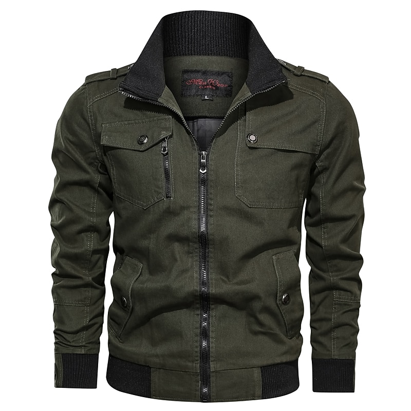 Men's Lightweight Jacket Summer Jacket Jacket Daily Windproof Warm Patchwork Fall Winter Solid Color Casual Stand Collar Thin Regular Cotton Regular Fit Black Wine Army Green Blue Khaki Jacket