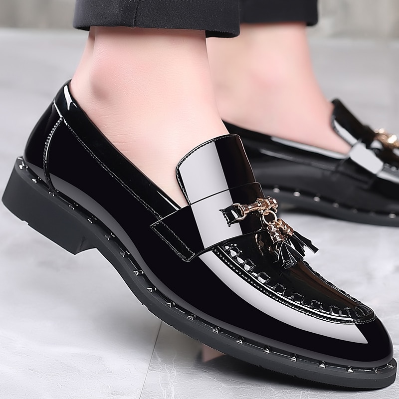 Men's Black Patent Leather Loafers with Tassel Details - Stylish Formal Dress Shoes for Office and Events4