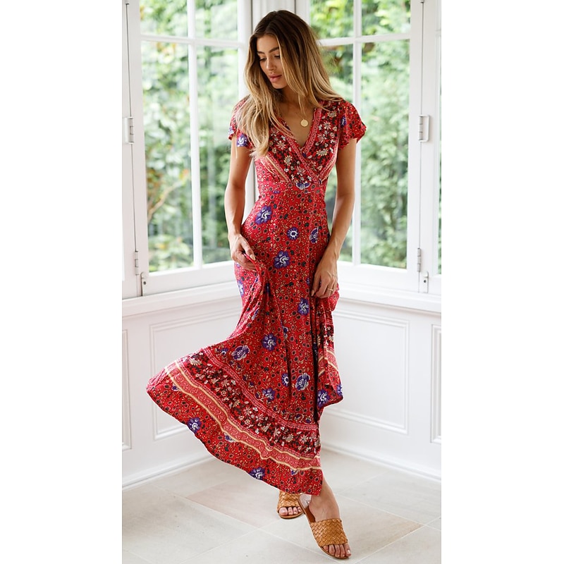 Women's Maxi long Dress Casual Dress Swing Dress Boho Dress Boho Vacation Daily Holiday Regular Fit Floral Short Sleeve V Neck Red Navy Blue Summer Spring3