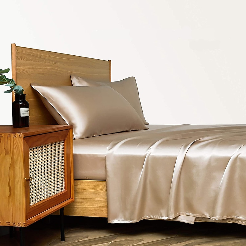 4 Pieces Satin Sheet Sets Hotel Luxury Silky Bed Sheets Soft Premium Satin Sheets Wrinkle & Fade Resistant Bedding Set Sheet Set, Include 1 Deep Pocket Fitted Sheet(12inch),1 Flat Sheet, 2 Pillowcases4