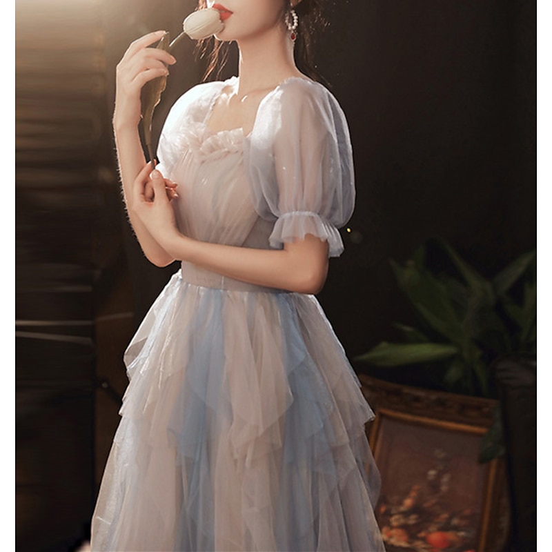 A-Line Prom Dresses Color Block Dress Wedding Party Dress Birthday Floor Length Half Sleeve Scoop Neck Tulle with Pleats Ruffles  Masquerade Dress to impress4