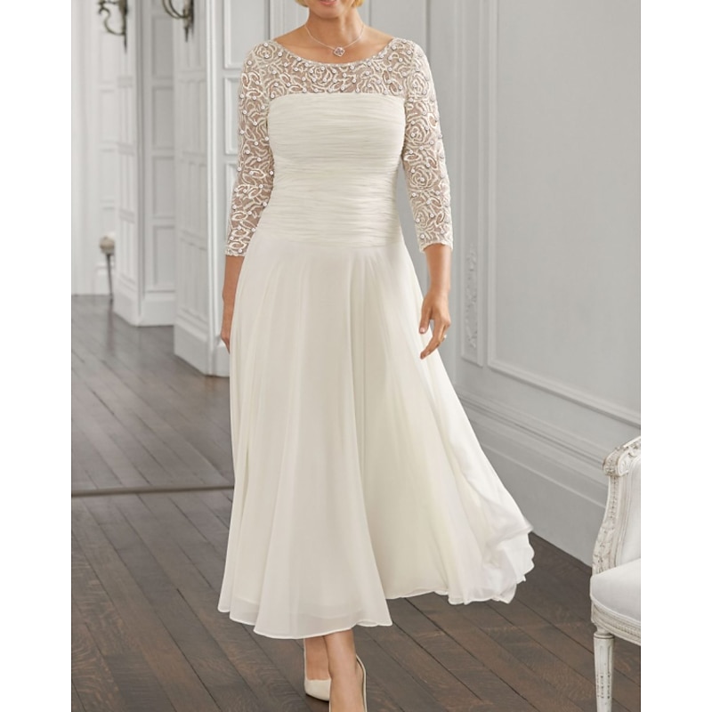 Beach Wedding A-Line Mother of the Bride Dress Wedding Guest Elegant Jewel Neck Ankle Length Chiffon Lace 3/4 Length Sleeve with Sequin Ruching