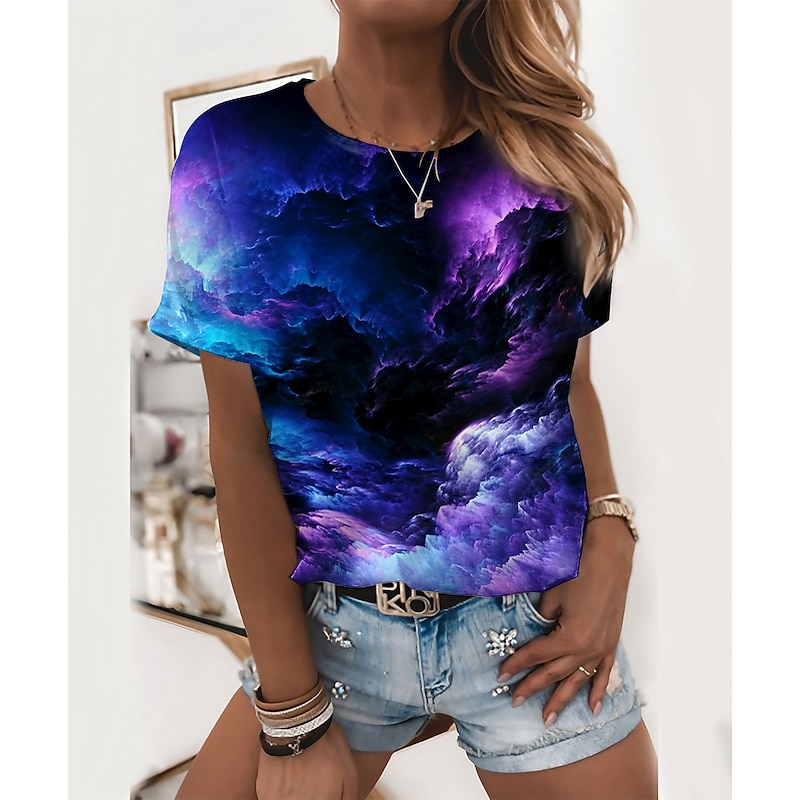 Women's T Shirt Basic Print Short Sleeve Regular Tops Round Neck Daily Weekend Purple