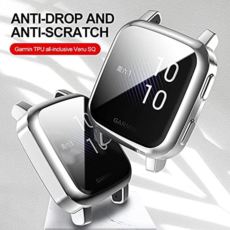 suoman 3-pack for garmin venu sq case, full coverage protective tpu bumper cover screen protector case for venu sq music/venu sq smartwatch - black+silver+clear2