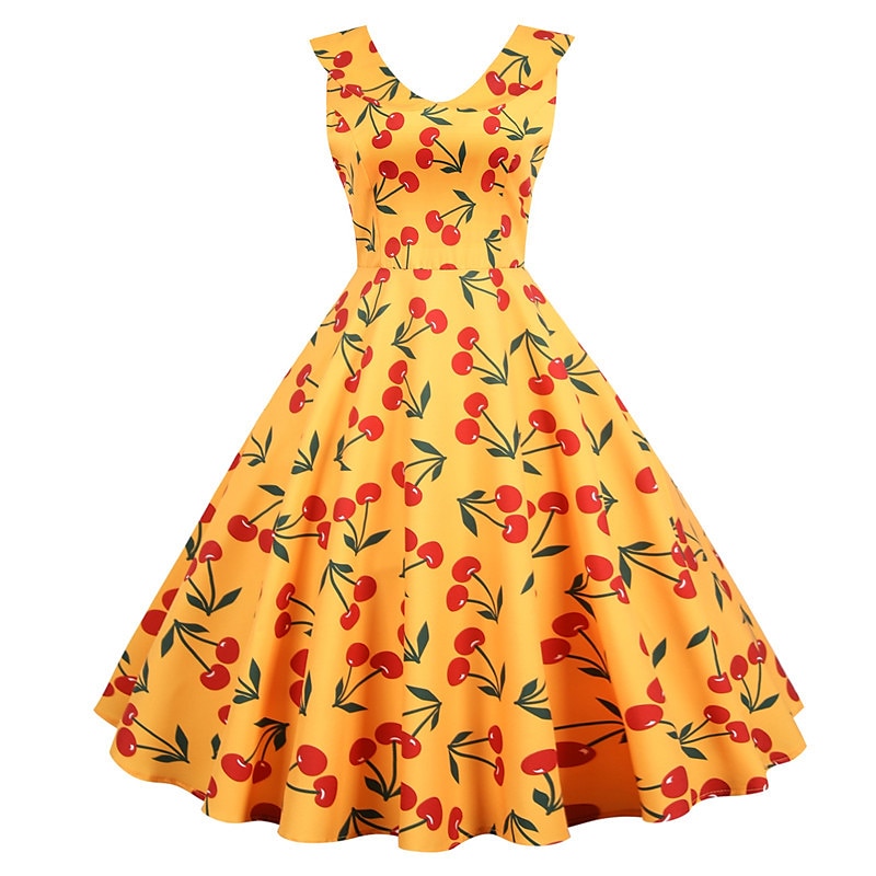 Retro Vintage 1950s Rockabilly Midi Dress Swing Dress Flare Dress Floral Cherry Daisy A-Line Turndown Fancy Dress Women's Carnival Vacation Daily Wear Retro Theme Party Adults' Dress Spring & Summer2