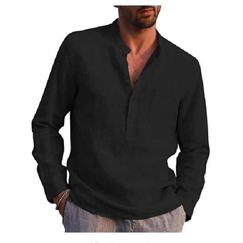 Men's Shirt Linen Shirt Band Collar Shirt Summer Shirt Beach Wear Solid Color Street Hawaiian Light Blue Black White Red Wine Long Sleeve Collar Clothing Apparel2