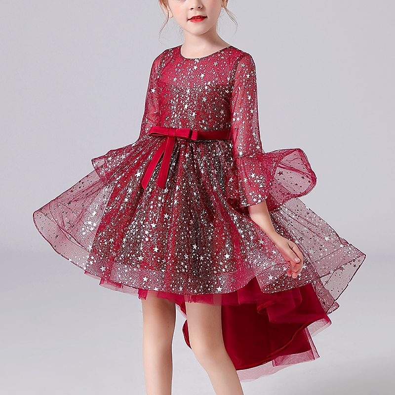 Kids Girls' Dress Sequin Long Sleeve Party Birthday Graduation Sparkle Princess Sweet Polyester Midi 4-13 Years Red Blue
