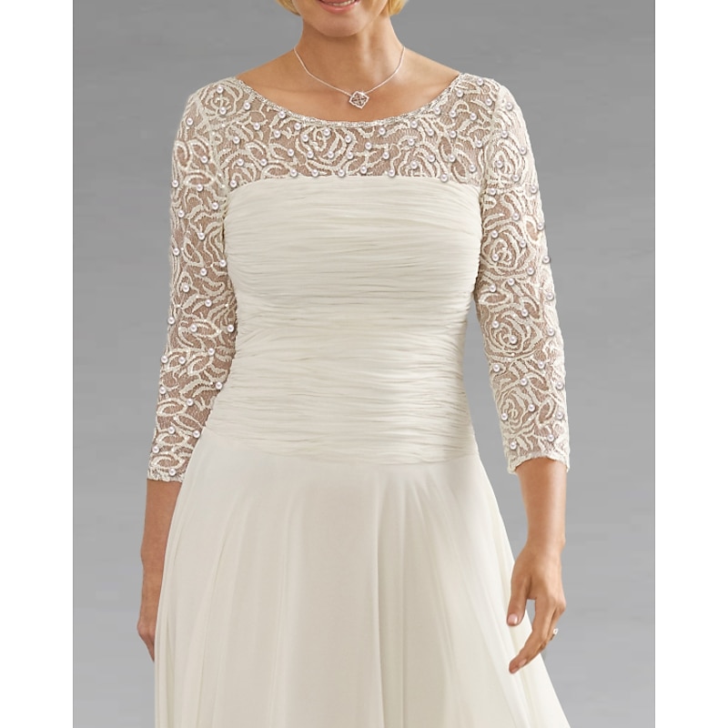 Beach Wedding A-Line Mother of the Bride Dress Wedding Guest Elegant Jewel Neck Ankle Length Chiffon Lace 3/4 Length Sleeve with Sequin Ruching3