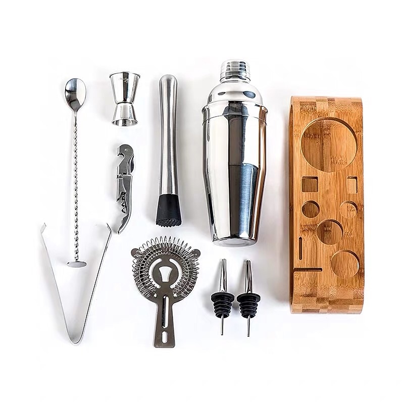 Cocktail Shaker Set Bartender Kit with Stand 10pcs Cocktail Shaker Mixer Stainless Steel 550ml Bar Tool Set with Stylish Bamboo Stand Perfect Home Bartending Kit and Martini Cocktail Shaker Set3