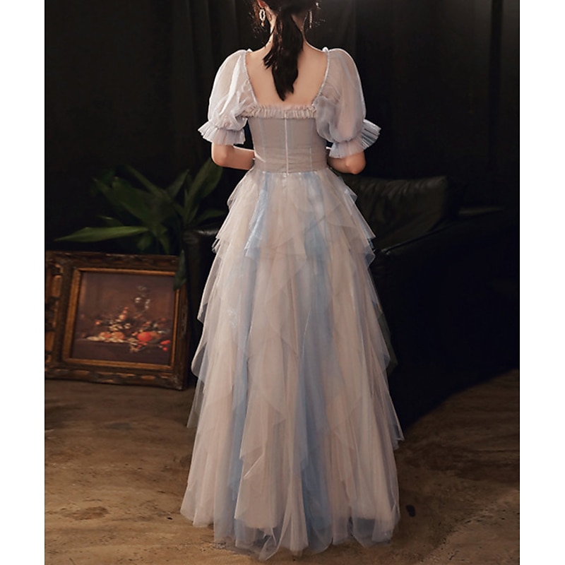 A-Line Prom Dresses Color Block Dress Wedding Party Dress Birthday Floor Length Half Sleeve Scoop Neck Tulle with Pleats Ruffles  Masquerade Dress to impress2