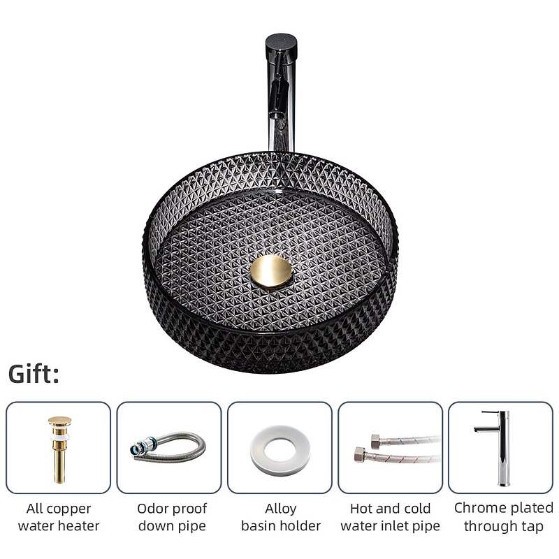 Bathroom Vessel Sink with Chrome Faucet,Wash Basin Glass Countertop Cylinder Wash Basin Hand Washbasin Worktop Installation Glass Basin Set with Chrome Brass Tap4