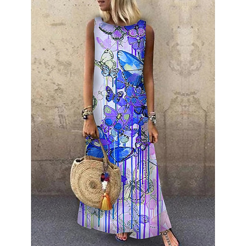 Women's Maxi Dress Sundress A Line Dress Summer Dress Casual Vacation Party Casual Loose Fit Animal Print Sleeveless Crew Neck Light Yellow Light Blue Yellow Red Summer Spring4