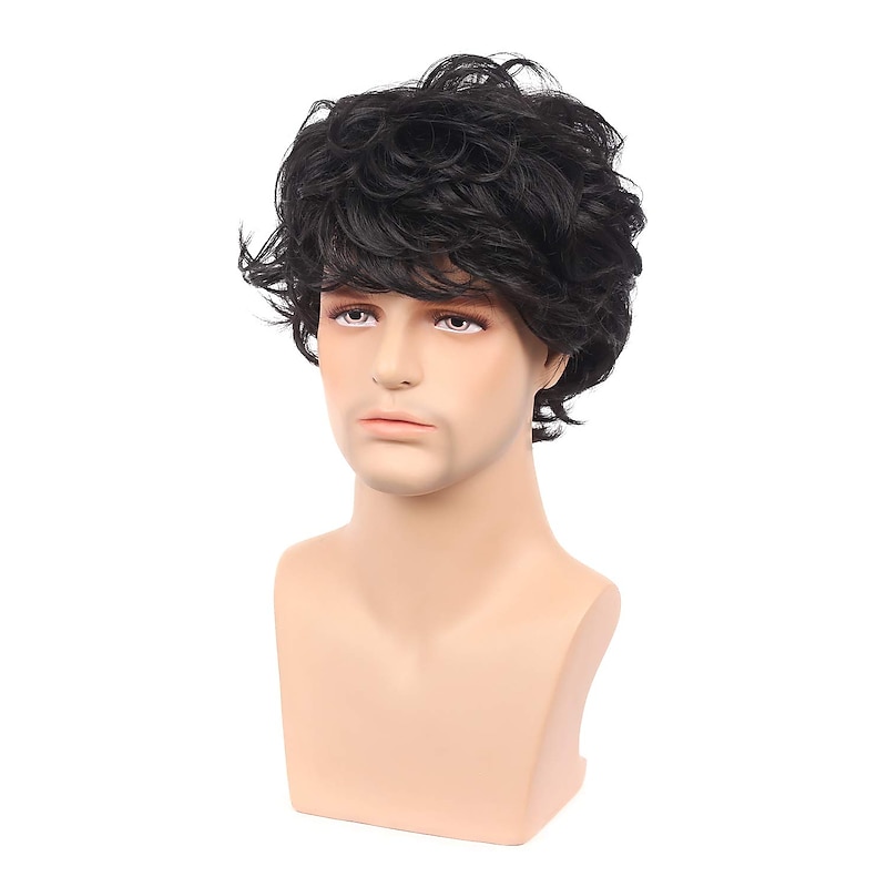 Men's Short Curly Hair Black Wig With Bangs Cosplay Halloween Costume Party Natural Hair Wig2