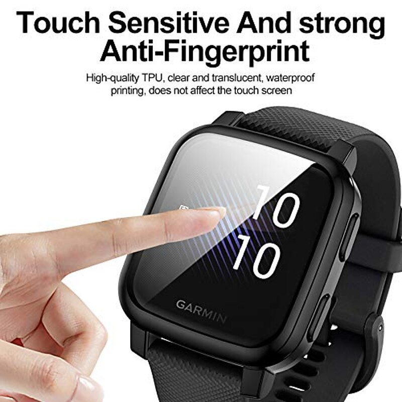 suoman 3-pack for garmin venu sq case, full coverage protective tpu bumper cover screen protector case for venu sq music/venu sq smartwatch - black+silver+clear3