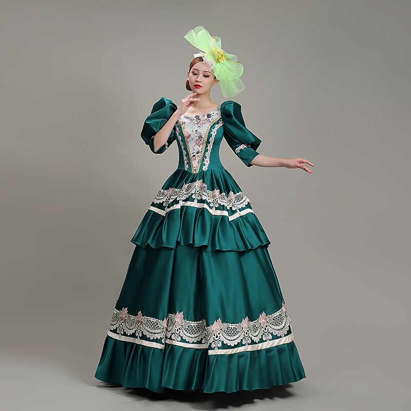Rococo Victorian Renaissance Floor Length Party Costume Masquerade Prom Dress Plus Size Normal Puff Balloon Sleeve Flare Cuff Sleeve Princess Maria Antonietta Toile Vintage Ball Gown Stand Collar3