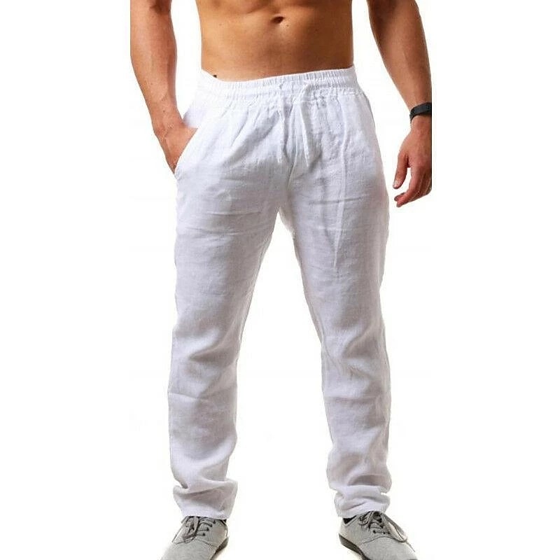 Men's Linen Pants Trousers Summer Pants Beach Pants Drawstring Plain Comfort Breathable Full Length Yoga Casual Weekend Streetwear Slim Black White Micro-elastic2