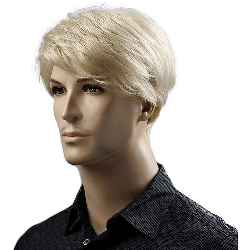 Short Blonde Male Synthetic Wigs American European 6 Inch Straight Men Wig with Free Hair Cap Heat Resistant Toupee Hair Halloween Wigs3