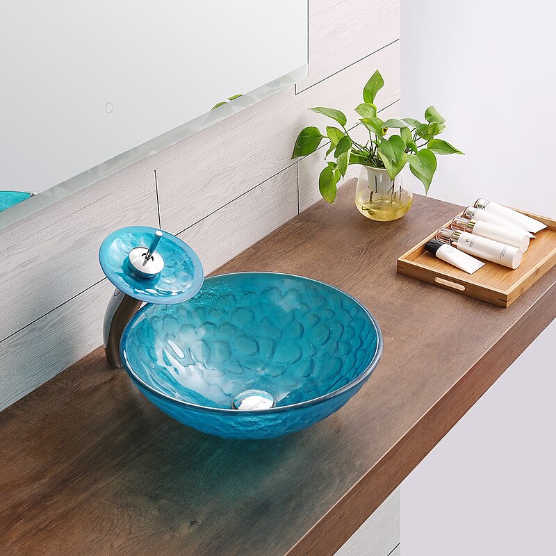 Bathroom Sink / Bathroom Faucet / Bathroom Mounting Ring Vanity Wash Basin - Tempered Glass Round Vessel Sink2