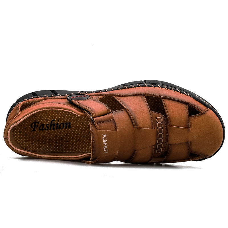 Men's Brown Comfort Leather Sandals, Adjustable Velcro, Perfect for Outdoor and Casual Wear4