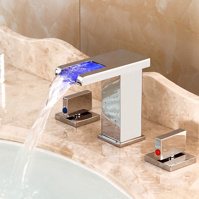 Widespread Bathroom Faucet Waterfall Sink Mixer Basin Taps LED 3 Color with Temperature, Brass 3 Hole 2 Handle Deck Mounted, Washroom  Vessel Water Tap with Hot and Cold Hose3