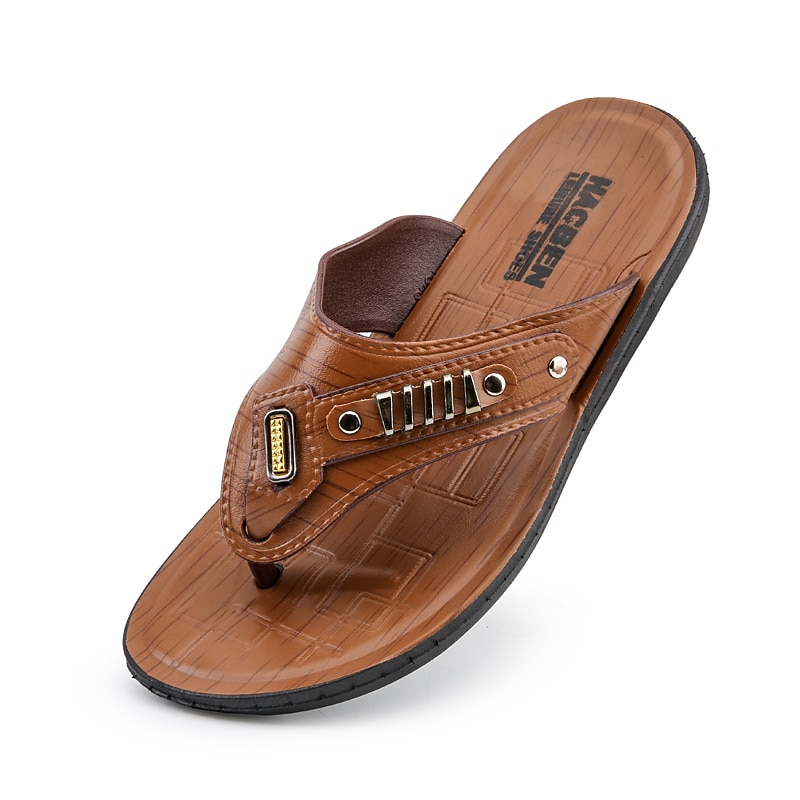 Men's Brown Flip-Flop Sandals – Stylish & Comfortable Slip-On Slippers with Metal Accents for Casual Wear & Beach Outings