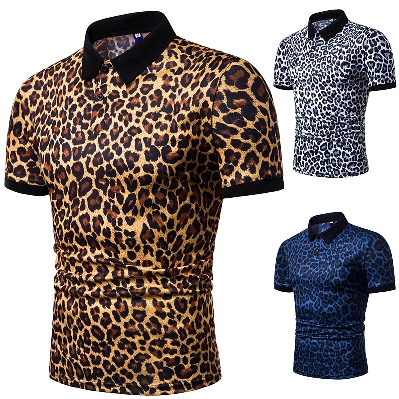 Men's Leopard Polo Shirts Golf Shirt Short Sleeve Polo Shirts Collared Shirts Casual Streetwear Vacation Wear Buttons 3D Print White Yellow Navy Blue