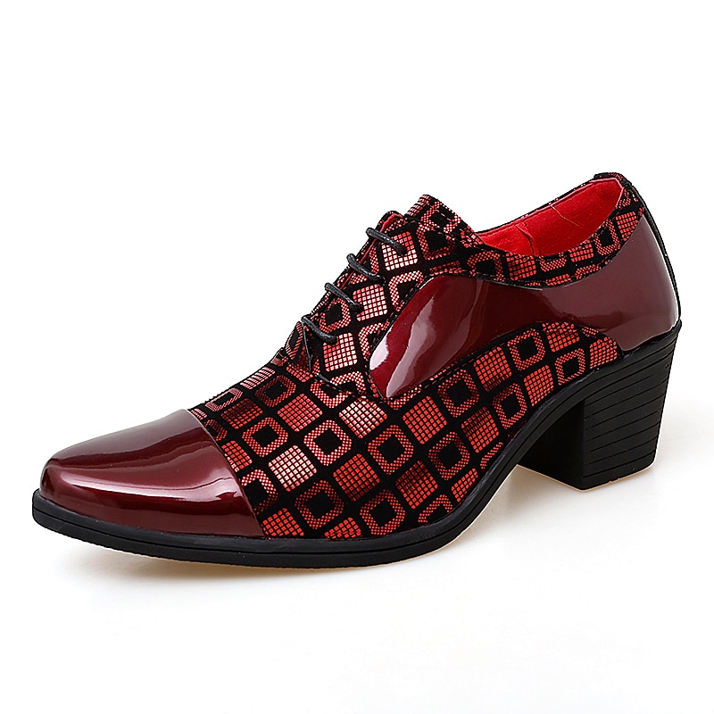 Men's Red and Black Patent Leather Block Heel Oxford Shoes with Geometric Print – Formal Party and Dance Footwear