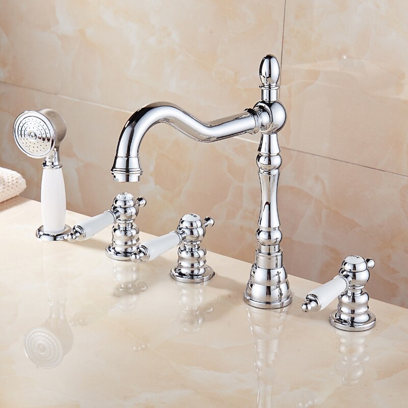 Bathtub Faucet - Contemporary Chrome Roman Tub Ceramic Valve Bath Shower Mixer Taps / Three Handles Two Holes