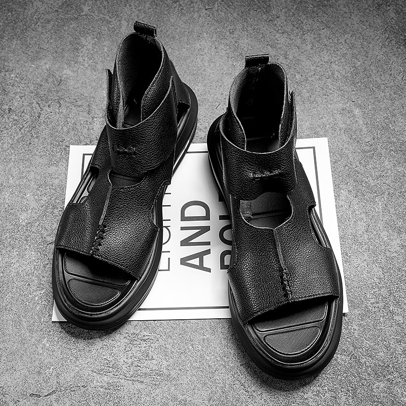Sophisticated Black Men's Leather Sandals - Modern Cut-Out Design with Cushioned Sole, Ideal for Smart Casual and Outdoor Wear