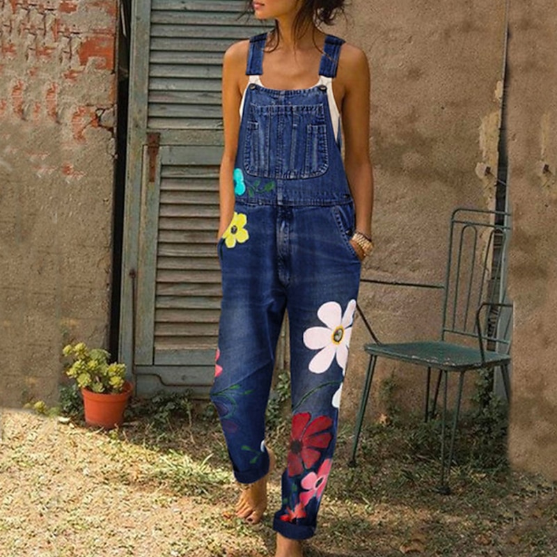 Women's Normal Overall Streetwear Floral Sleeveless Pocket Print Daily Going out Regular Fit Blue Gray Light Blue2