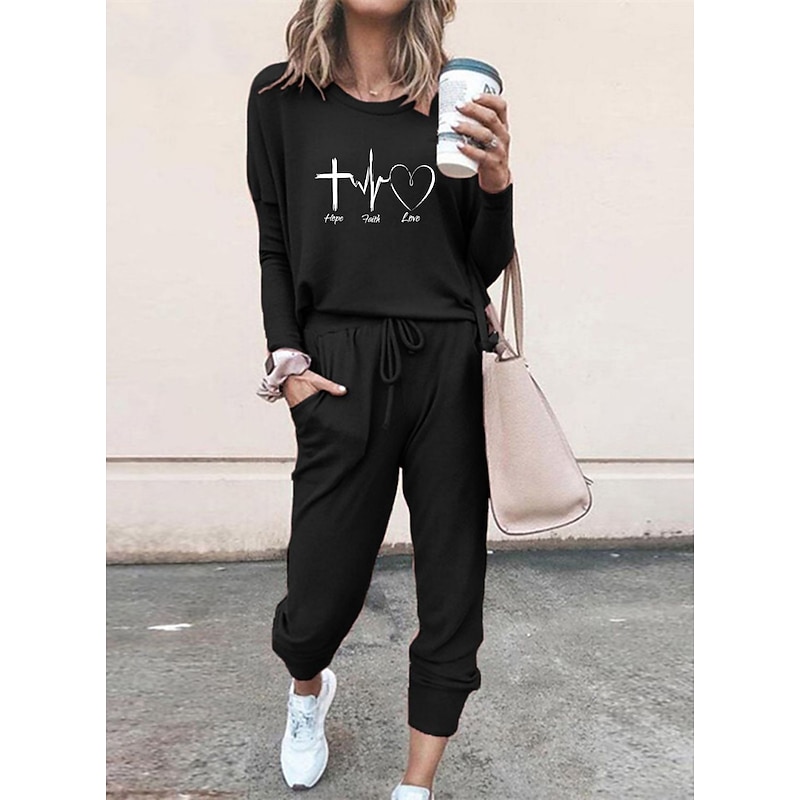 Women's 2 Pieces Sweatshirt Tracksuits Streetwear Basic T Shirt Tracksuit Pants Sets Short Sleeve Crew Neck Heart Drawstring Print Vacation Casual Daily Black Pink Gray Fall & Winter Regular Fit2