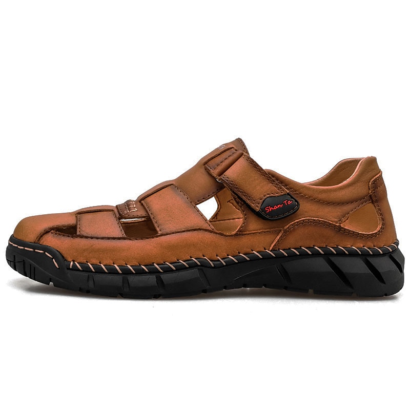 Men's Brown Comfort Leather Sandals, Adjustable Velcro, Perfect for Outdoor and Casual Wear2