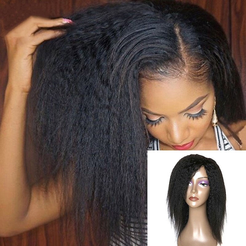 Human Hair Wig Long kinky Straight With Bangs Natural Party Fashion Best Quality Capless Brazilian Hair Women's Natural Black #1B 12 inch 14 inch 16 inch New Year Daily Thanksgiving