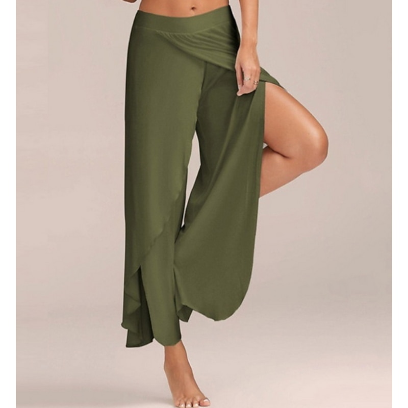 Women's Wide Leg Pants Trousers Baggy Pants Boho Full Length Mid Waist Solid Color Plain Solid Colored Baggy Soft Daily Going out ArmyGreen Black White Autumn / Fall Spring & Summer Regular Fit