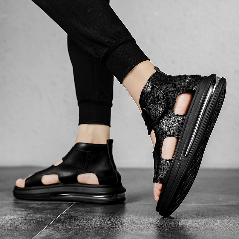 Sophisticated Black Men's Leather Sandals - Modern Cut-Out Design with Cushioned Sole, Ideal for Smart Casual and Outdoor Wear4
