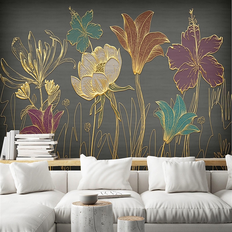 Mural Wallpaper Wall Sticker Covering Print Peel and Stick Removable Gold Floral Flower Canvas Home Décor3