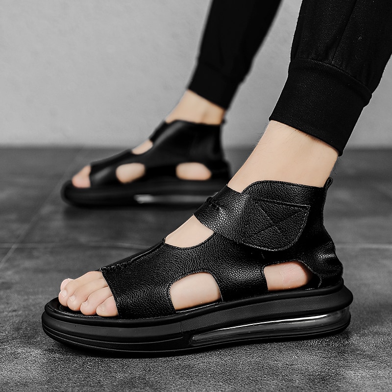 Sophisticated Black Men's Leather Sandals - Modern Cut-Out Design with Cushioned Sole, Ideal for Smart Casual and Outdoor Wear3