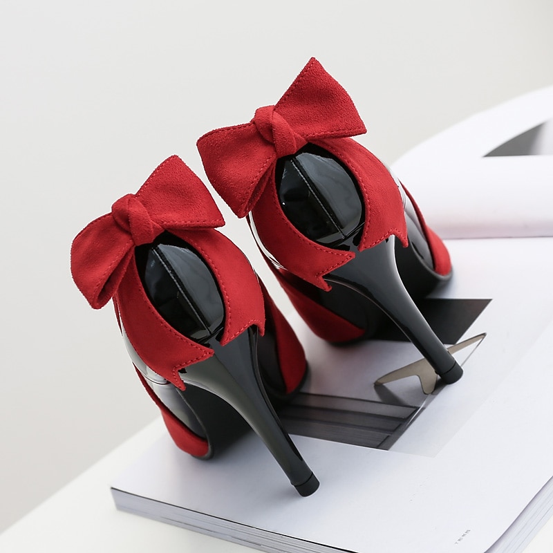 Red and Black Pointed-Toe Stiletto Heels – Elegant Suede Bow Pumps for Women, Party & Evening Wear3